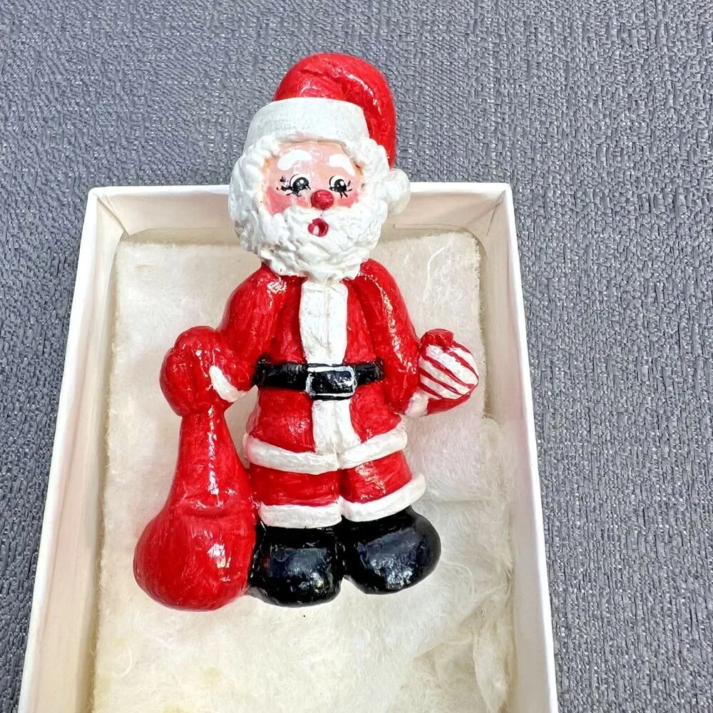 OOAK Miniature Handmade Hand Painted Ceramic Clay Santa w/ Toy Bag by Leona